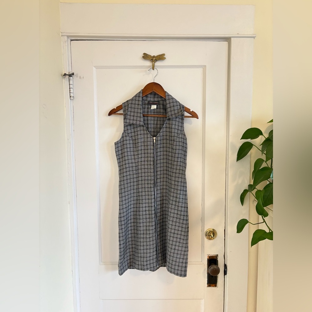 Vintage 90s Sleeveless Gray Plaid Zip-Front Dress with Collar USA Size 3 (XS/S)